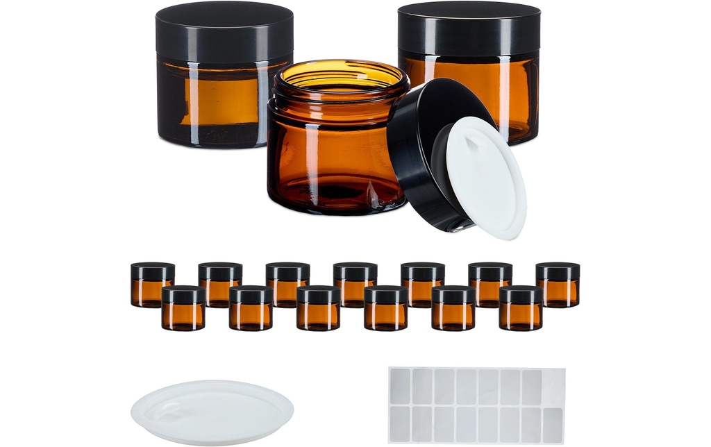relaxdays Pot à pommade en verre brun 60 ml, 16 pièces