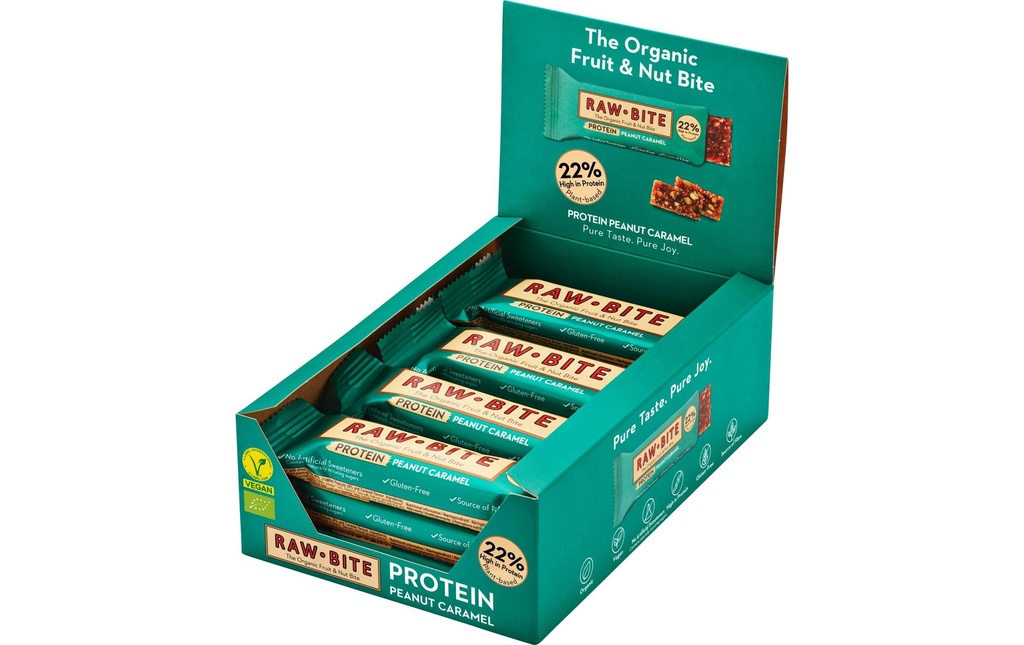 Rawbite Barre de céréales crues Protein Peanut Caramel, 12 x 45g