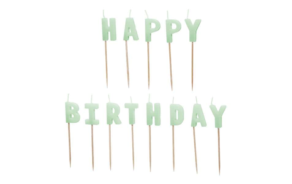 Partydeco Bougie Happy Birthday, Vert clair, H 2.5 cm, 13 pièces