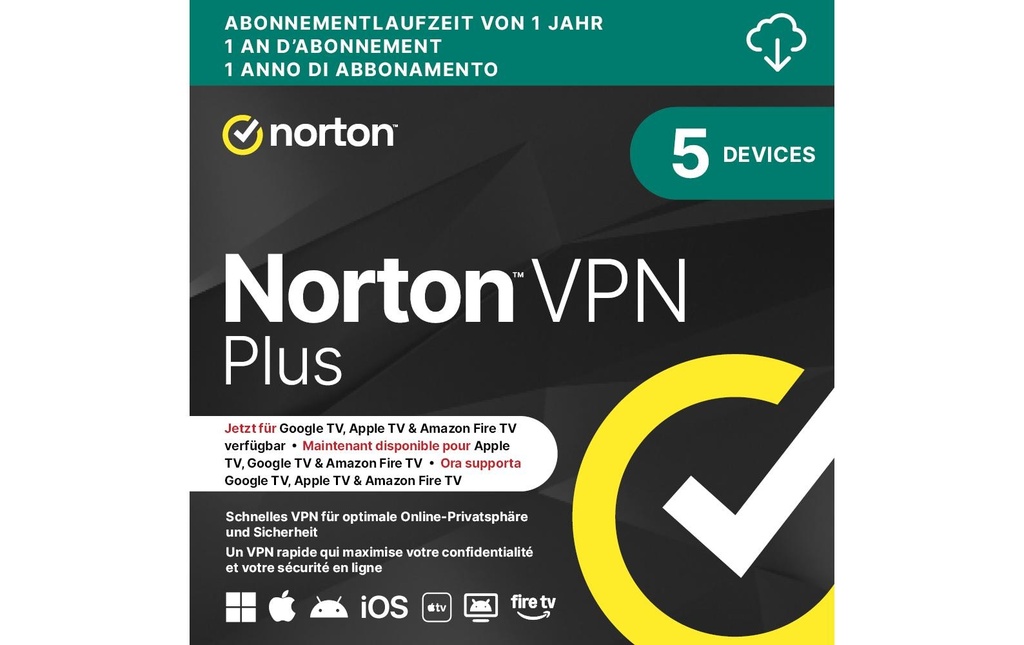 Norton VPN Plus ESD, version complète, 5 PC, 1 an, 10 Go