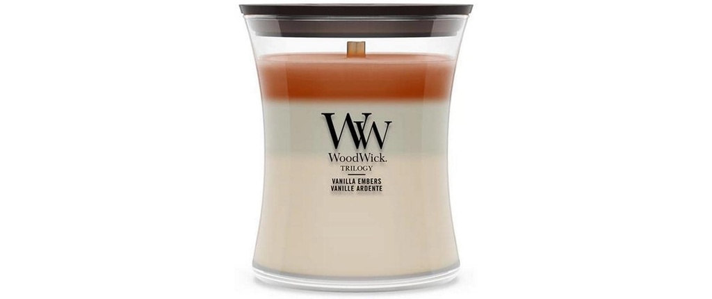 Woodwick Bougie parfumée Vanilla Embers Trilogy Medium Jar