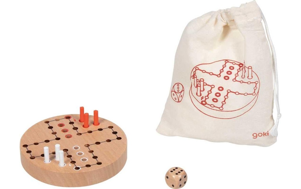 Goki Jeux pour la famille Ludo dans un sac en coton Ø 9 cm, 8 pièces