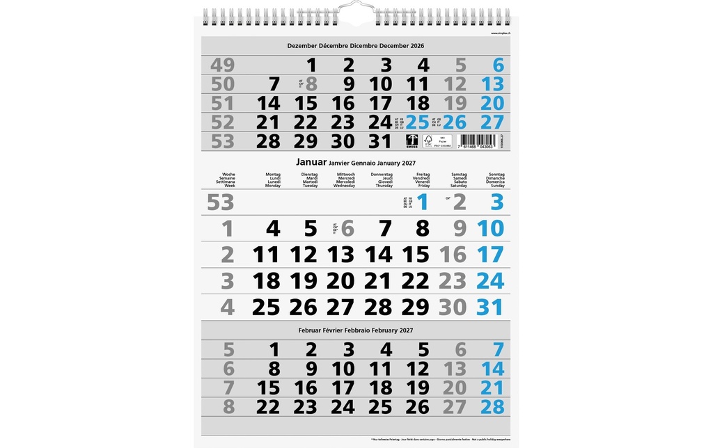 Simplex calendario di 3 mesi 2027