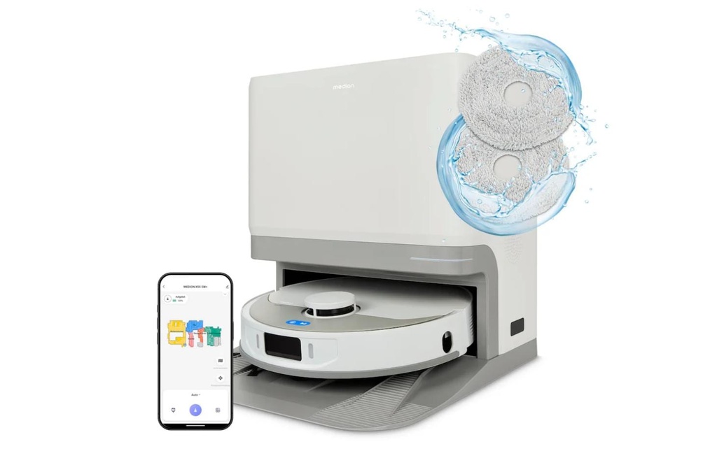 Medion Robot d’aspiration et d’essuyage MD 12039 X55 SW+ Gris/Blanc