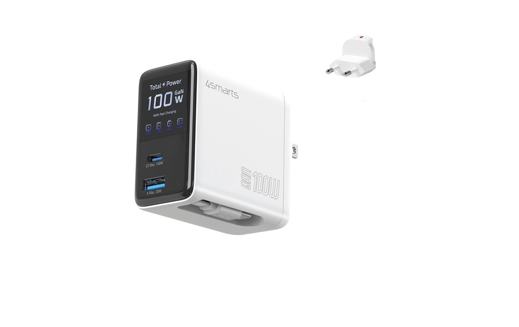 4smarts GaN Flex Screen AI 100W 2 USB-C+1 USB-A Blanc