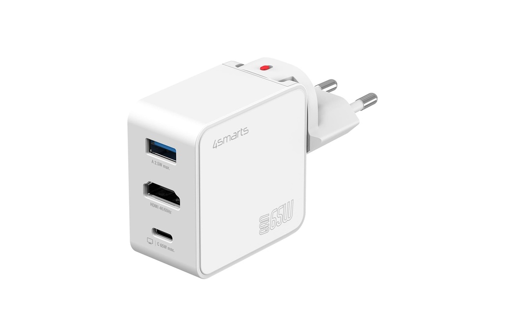 4smarts Chargeur mural USB Hub HDMI 3en1 GaN Flex 65W Blanc