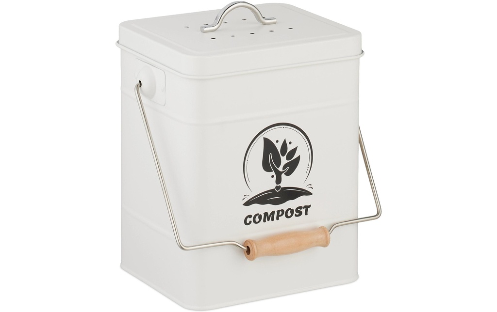 relaxdays Seau à compost avec filtre anti-odeur, 6 l, Argenté/Blanc
