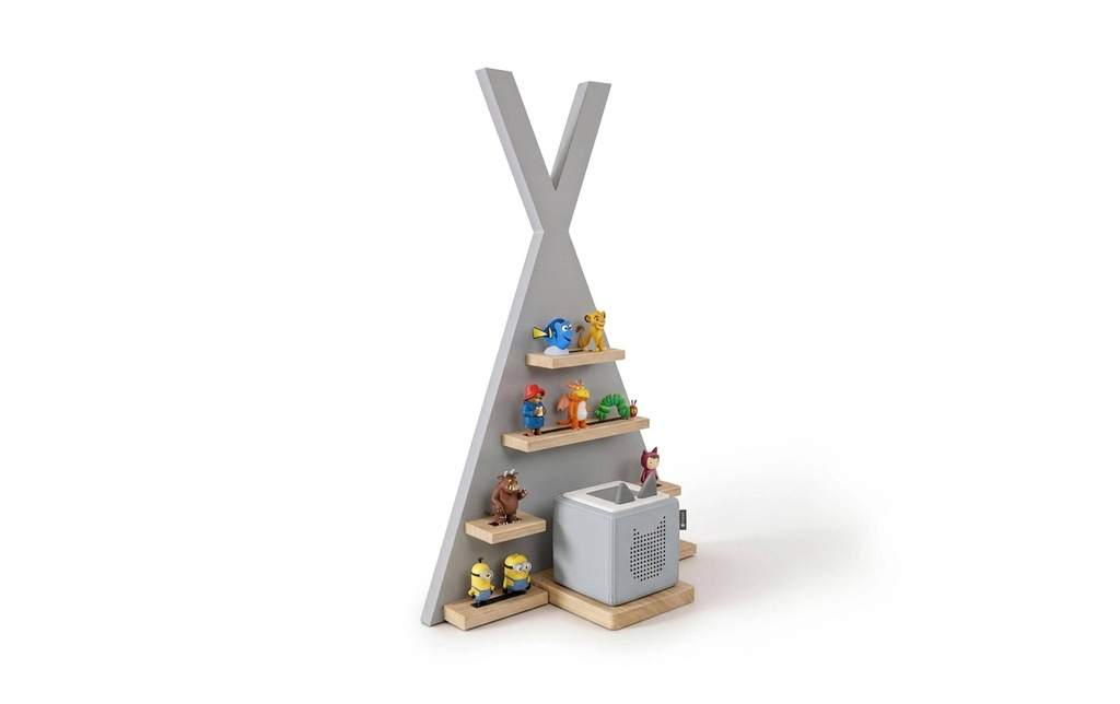 relaxdays Etagère pour figurines à écouter Tente, MDF / bois, gris / marron clair