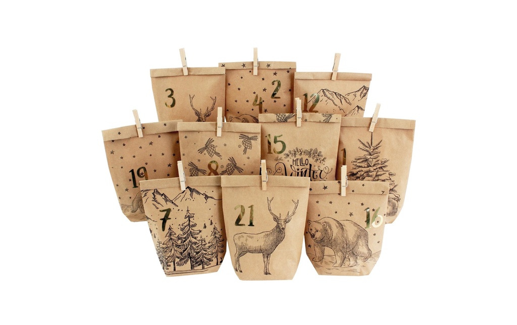 G. Wurm Calendrier de l’Avent Sacs avec agrafes Animaux de la forêt, 24 pièces