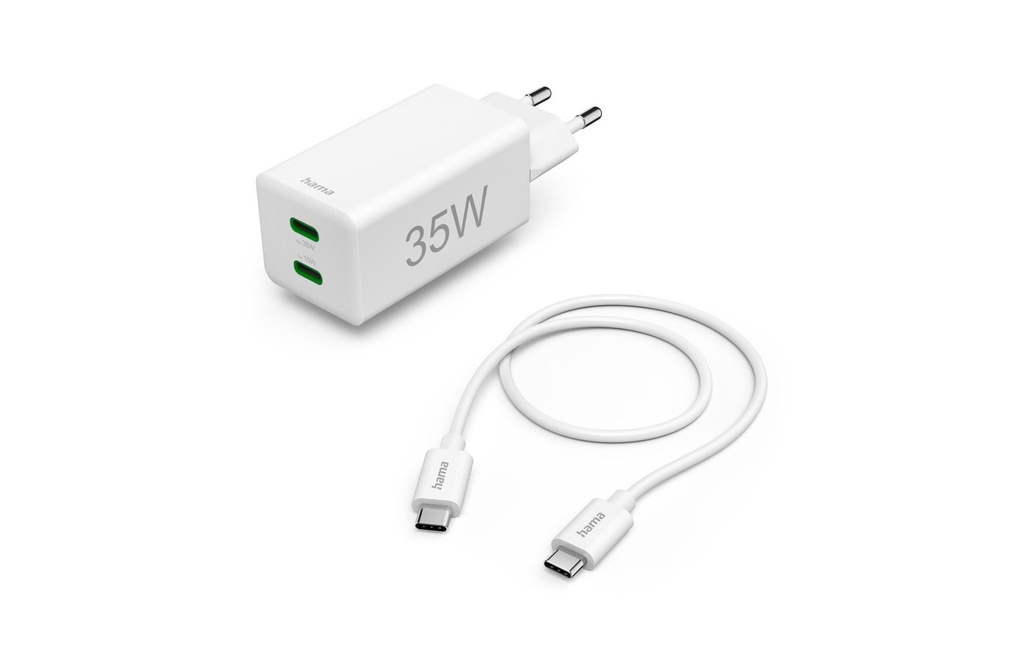 Hama Chargeur Mini, 2x USB-C, PD/QC, 35W, 1 m, blanc