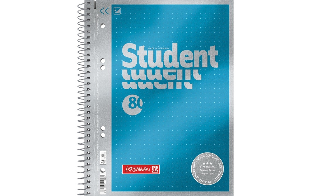 Brunnen Carnet de notes Premium Student A5, pointillés, 80 feuilles, bleu