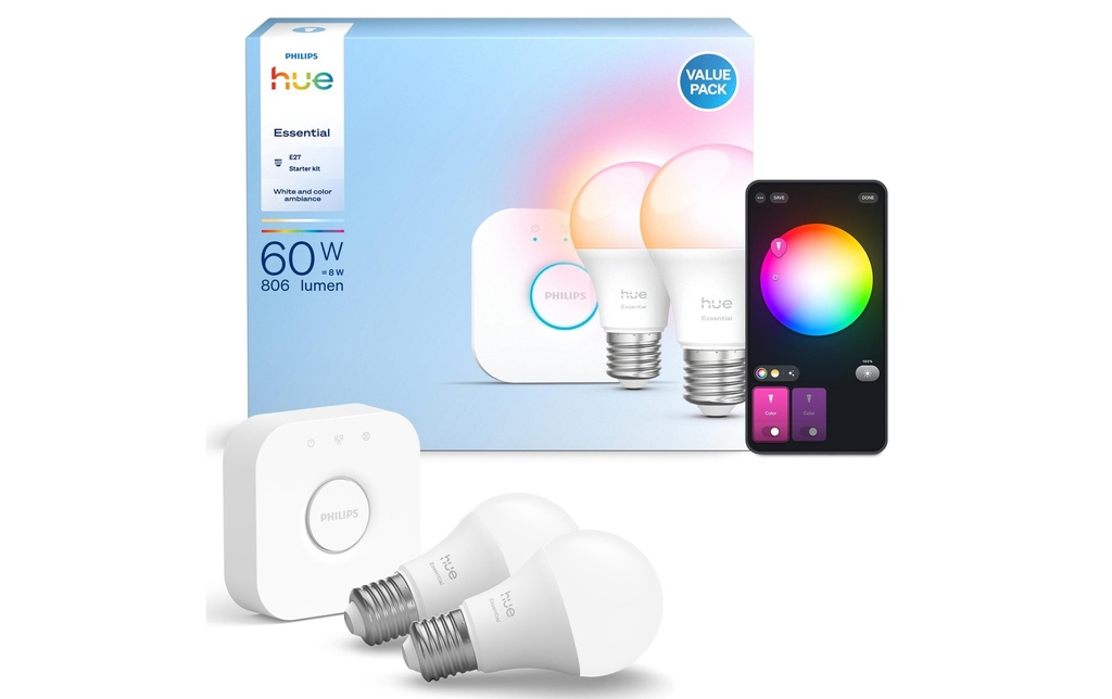 Philips Hue Basis Starter-Set: Hue Bridge + 2 Essential E27 RGB