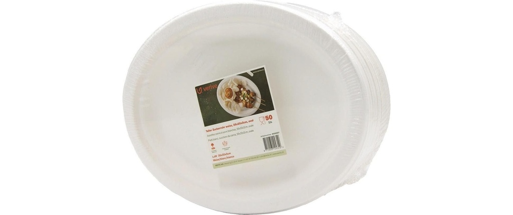 Verive Assiettes jetables ovale canne à sucre 20 cm 1 paquet de 50 pièces