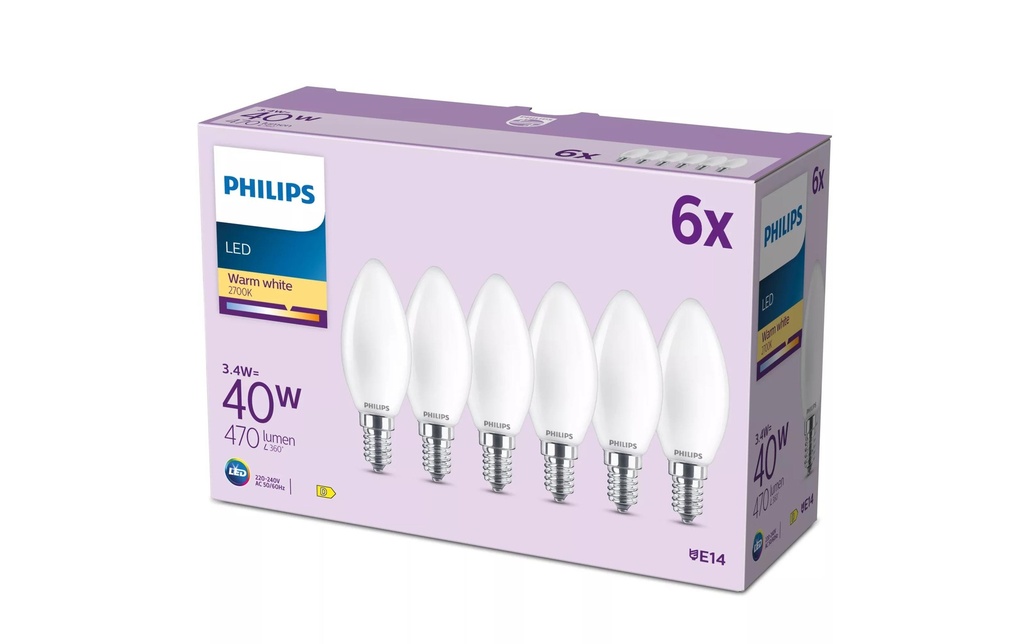 Philips Ampoule bougie à LED filament, verre dépoli, 40W, B35, E14, pack de 6