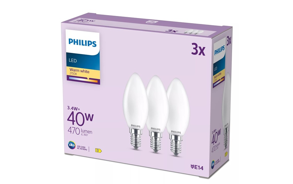 Philips Ampoule bougie à LED filament, verre dépoli, 40W, B35, E14, pack de 3