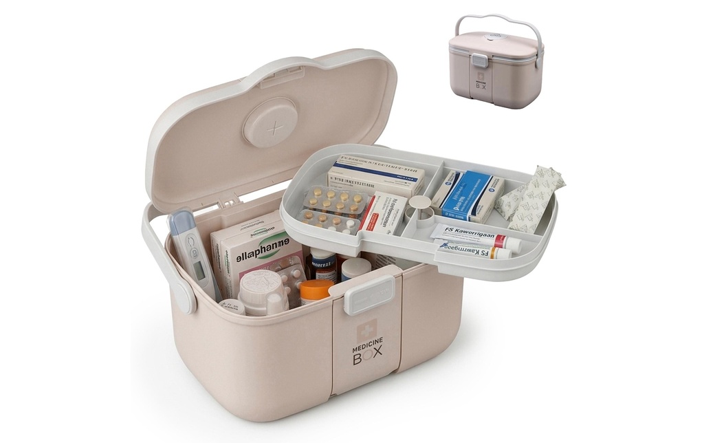 relaxdays Boîte à médicaments en plastique Beige/Gris 17 x 28 x 18 cm
