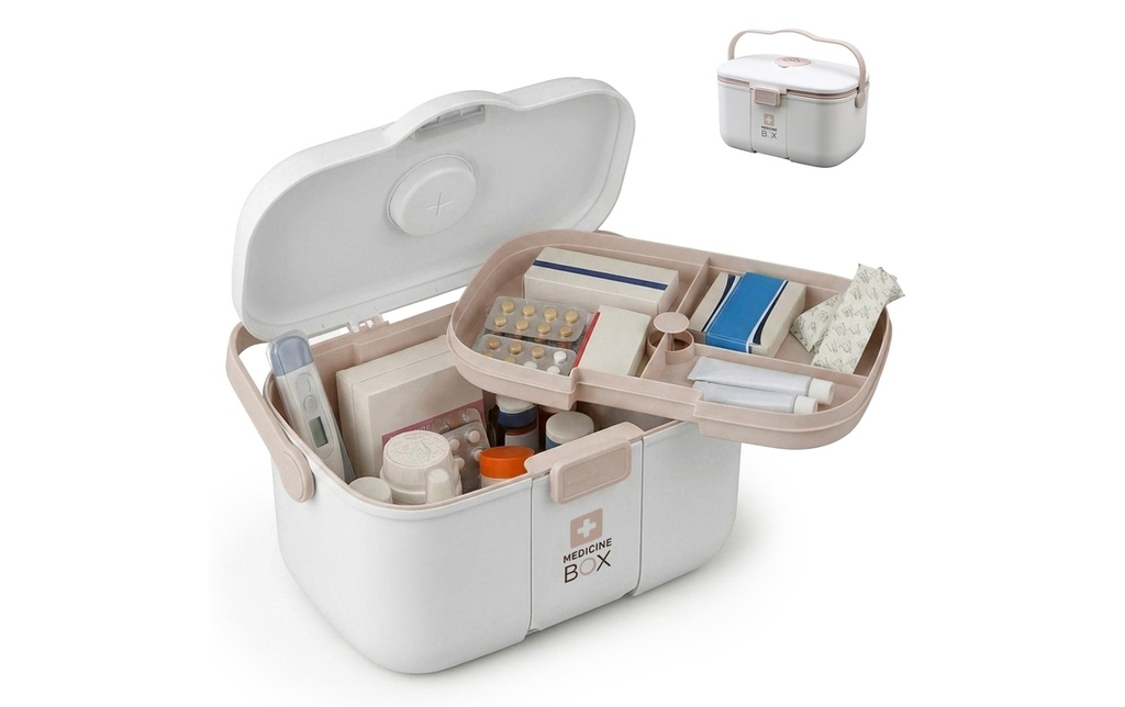 relaxdays Boîte à médicaments en plastique Beige/Blanc 17 x 28 x 18 cm