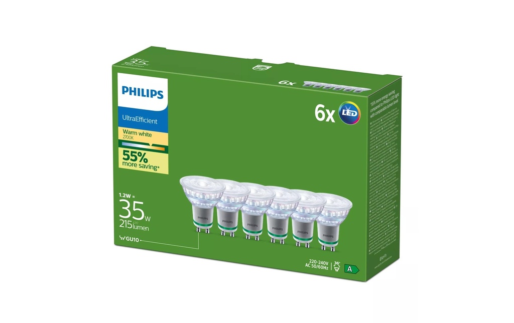 Philips Spots LED GU10, pack de 6, 35 W, sans scintillement, blanc chaud
