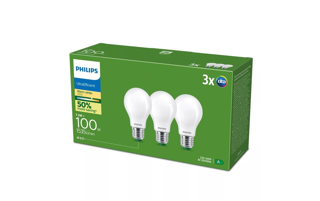 Philips Ampoule LED E27, pack de 3, 100W, blanc chaud, mat