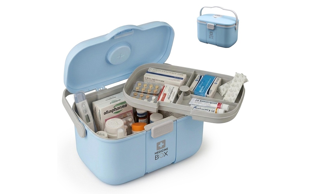 relaxdays Boîte à médicaments en plastique Gris/Bleu clair 17 x 28 x 18 cm