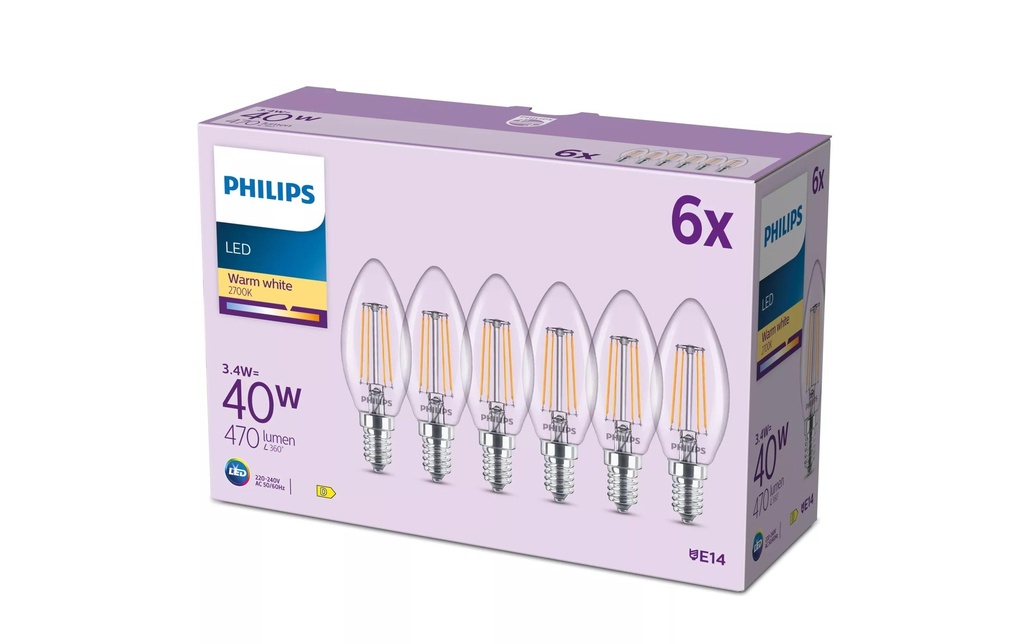 Philips Ampoule bougie à LED filament, 40 W, B35 E14, paquet de 3