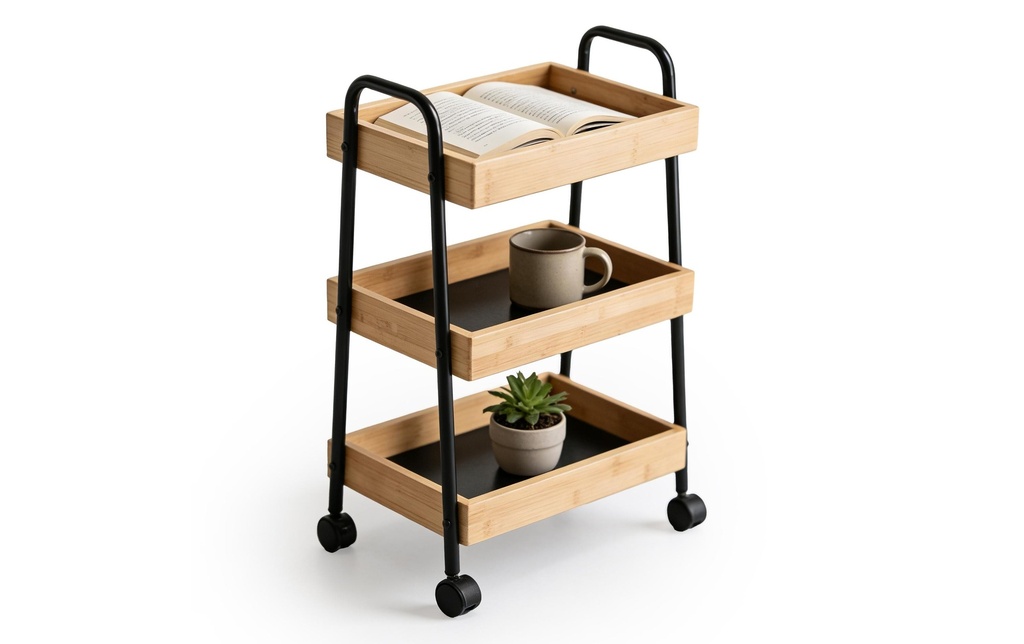 relaxdays Chariot à roulettes Bambou & métal 3 compartiments 73 x 45,5 x 28 cm