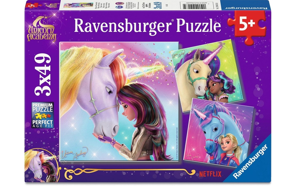 Ravensburger Puzzle Académie Unicorn 3 x 49 pièces, mini posters inclus