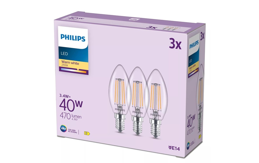 Philips Ampoule bougie à LED filament, 40 W, B35 E14, paquet de 3