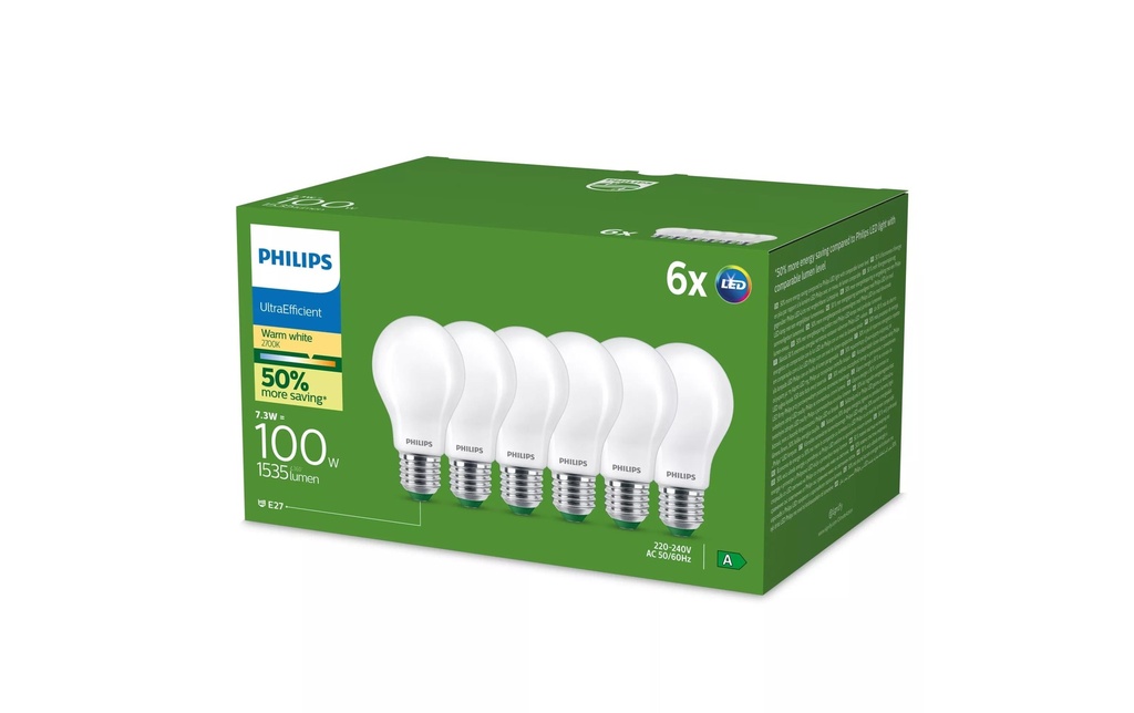 Philips Ampoule LED E27, pack de 6, 100W, blanc chaud, mat