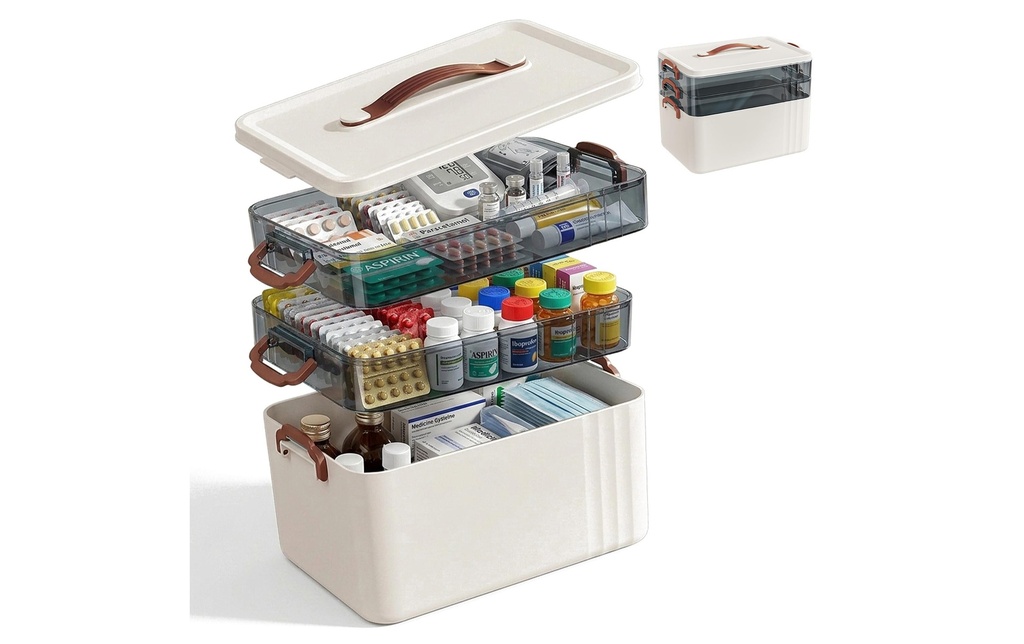 relaxdays Boîte à médicaments en plastique Transparent/Blanc 24 x 33 x 22 cm