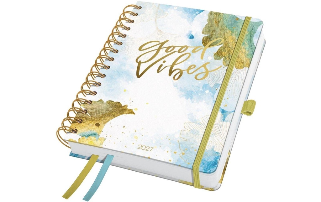 Jolie Agenda hebdomadaire Inspire Feuilles/Fleur, 2027, Bleu/Vert/Doré