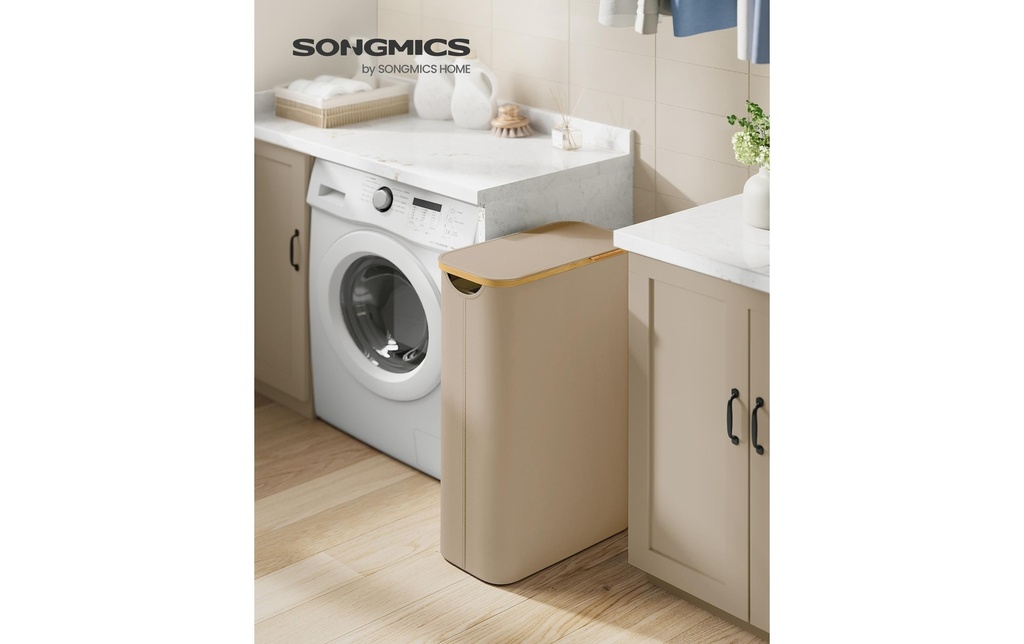 Songmics Slim Laundry Basket with Lid 65 l, Brun clair