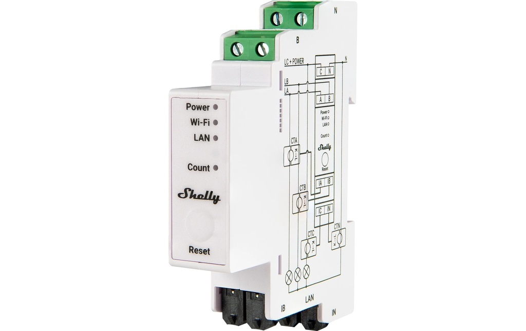 Shelly Rail DIN · Pro 3EM 120A v2 · Wi-Fi · Ethernet · Bluetooth