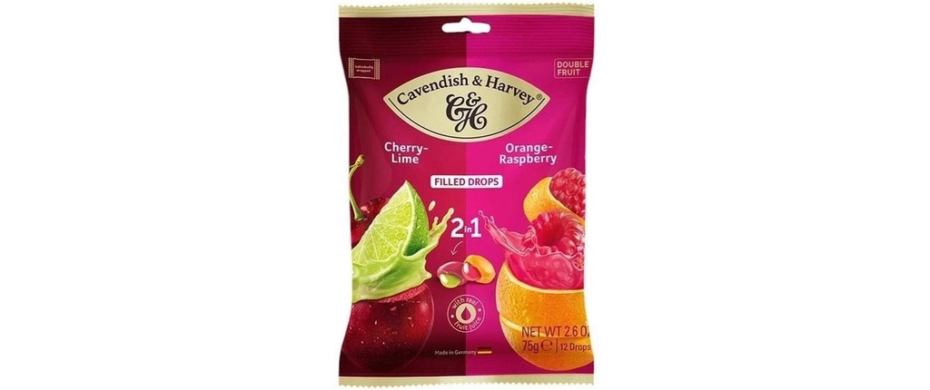 Cavendish & Harvey Bonbons 2 en 1 cerise-citron vert et orange-framboise 75 g
