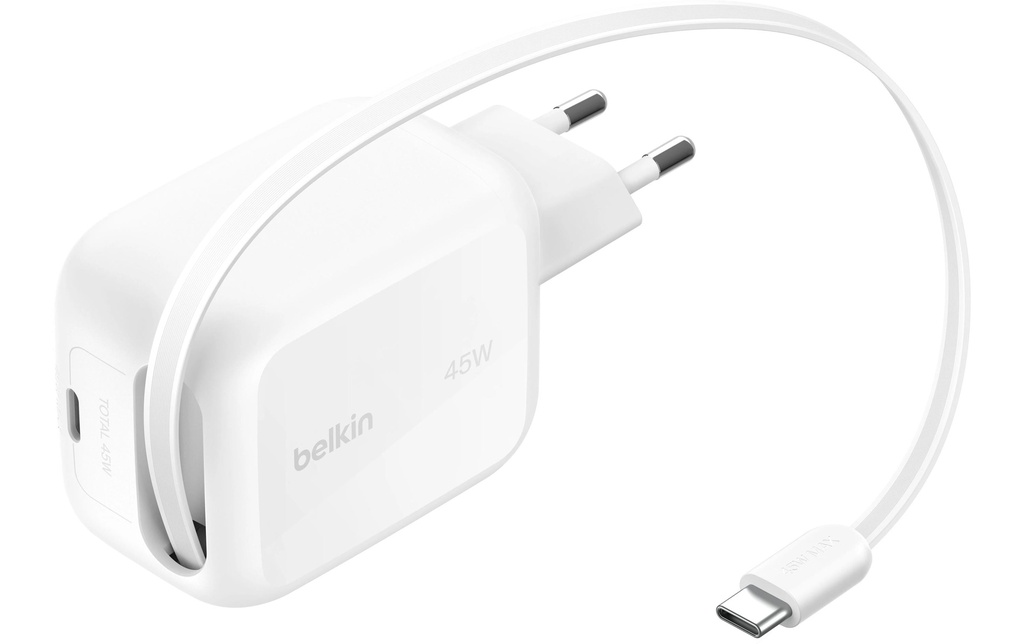 Belkin BoostCharge Pro 45W USB-C avec 1m de câble rétractable blanc