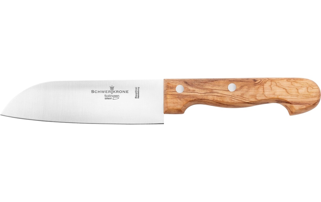 Schwertkrone Couteau de cuisine Santoku en bois d'olivier - 15 cm Argenté/Brun