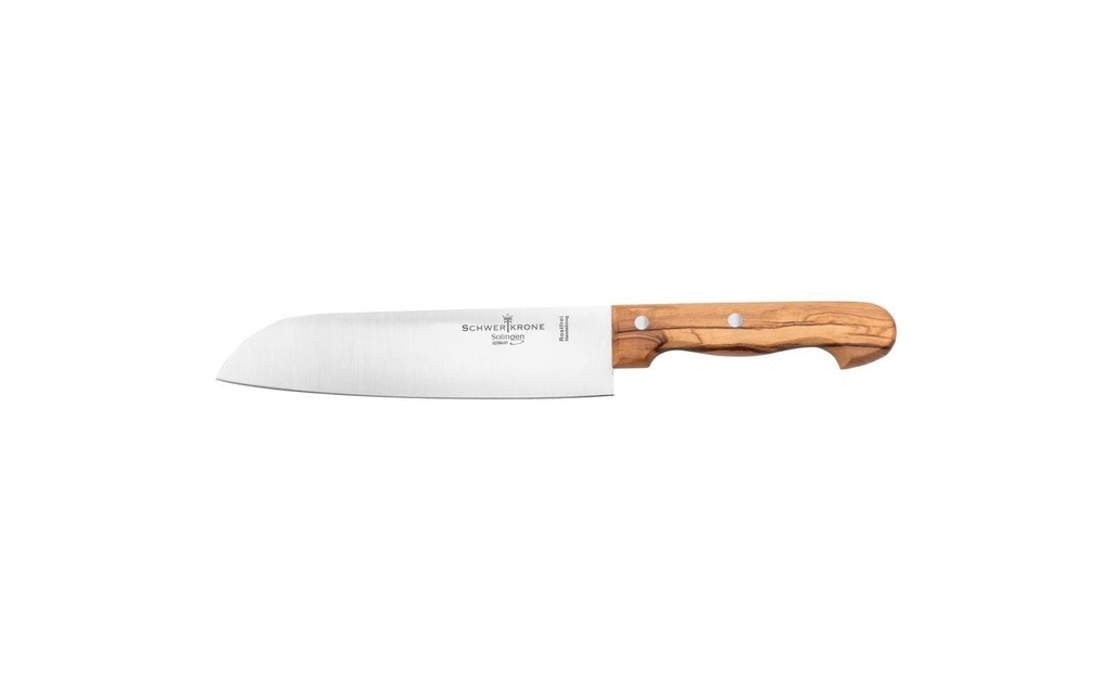 Schwertkrone Couteau de cuisine Santoku en bois d'olivier - 20 cm Argenté/Brun