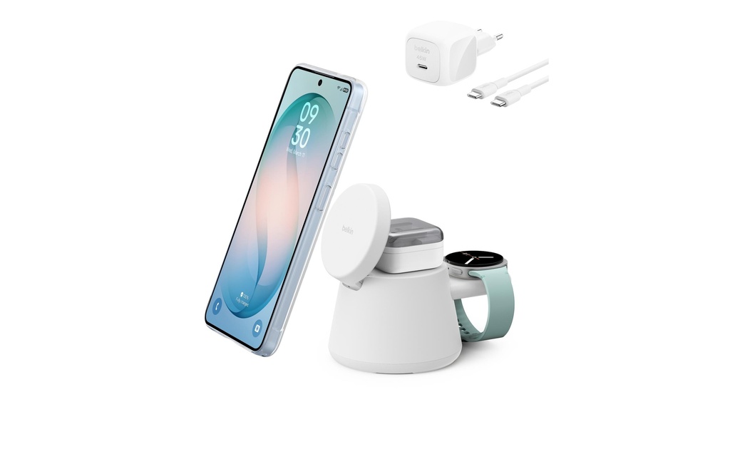 Belkin UltraCharge 3-in-1 Station de recharge sans fil Qi2 25 W, blanche