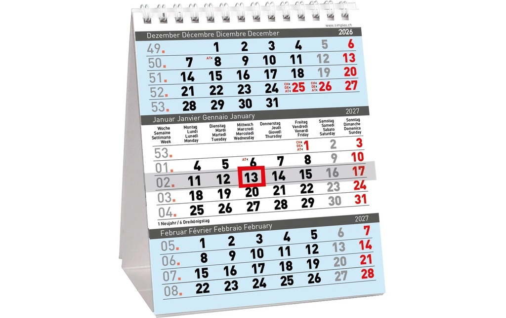 Simplex Agenda de table 2027 Planificateur 3 mois 12.5 x 15.5 cm