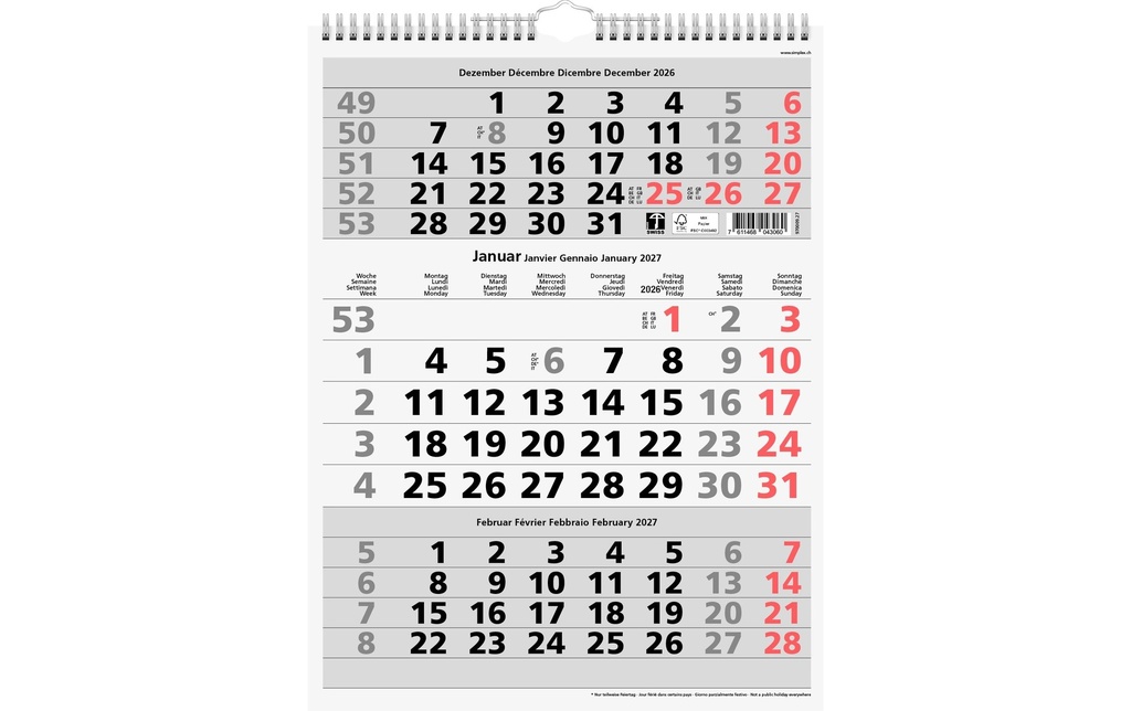 Simplex Calendrier mural 2027 3M/1S Rouge 31 x 40 cm