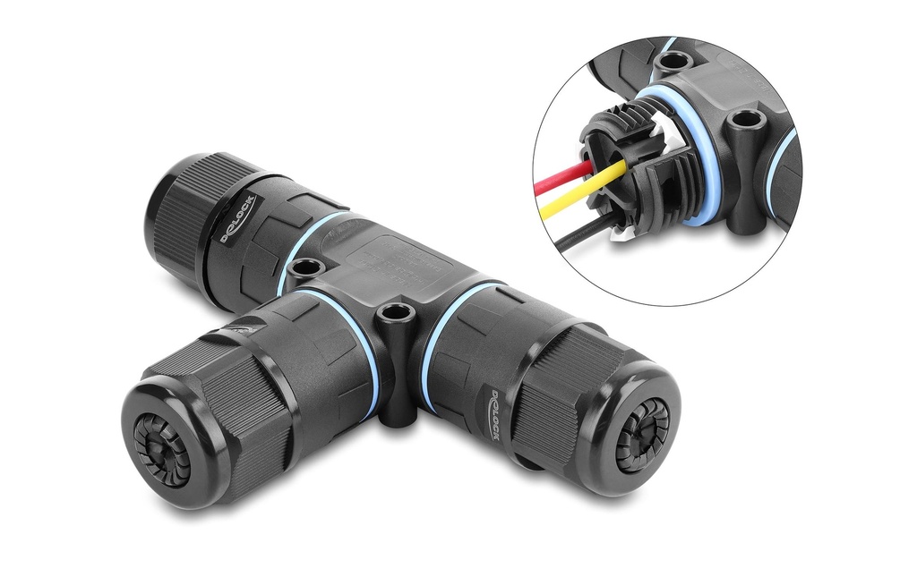 Delock connecteur de câble Forme en T, 3 broches, étanche IP68, noir