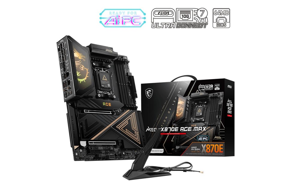 MSI X870E ACE MAX ATX, 4 emplacements DDR5 UDIMM, 4 ports SATA 6G, 5 emplacements M.2, HDMI