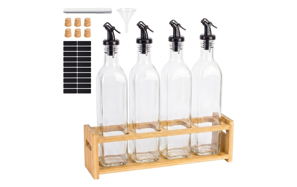 relaxdays Bouteilles d'huile Set 4 pièces verre bambou 500 ml