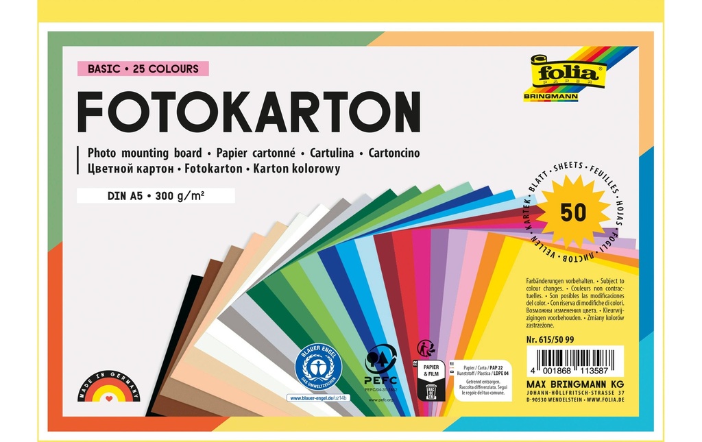 Folia carton photo DIN A5 300 g/m² 25 couleurs assorties 50 feuilles