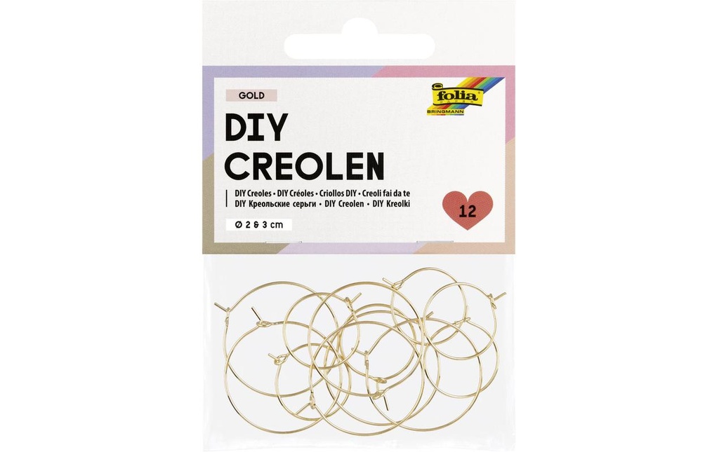 Folia DIY créoles 12 pièces, 2 cm et 3 cm, or