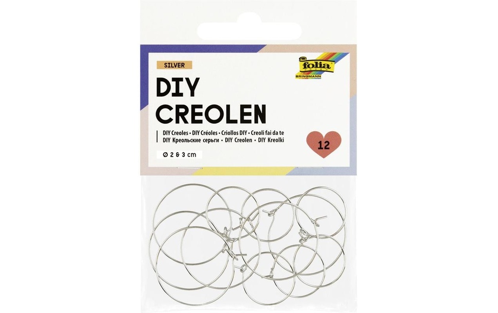 Folia DIY créoles 12 pièces, 2 cm et 3 cm, argenté