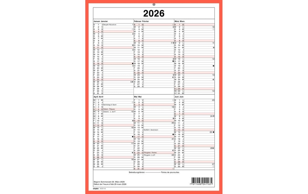 Simplex Calendrier sans les jours de fête A4 portrait, 2026