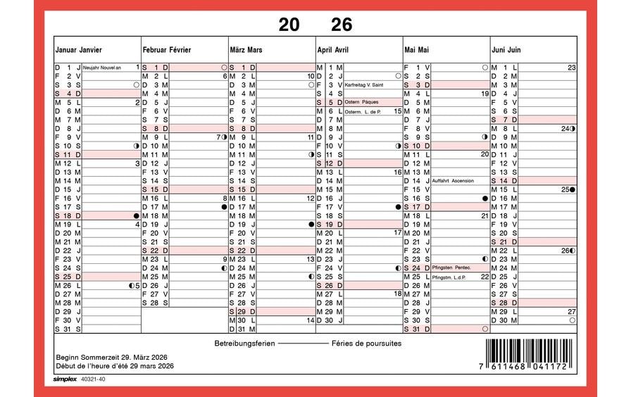Simplex Calendrier sans les jours de fête A5 paysage, 2026