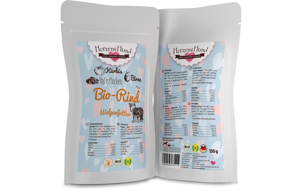 HerzensHund Alimentation humide Bœuf bio chiot avec courge bio, 130 g