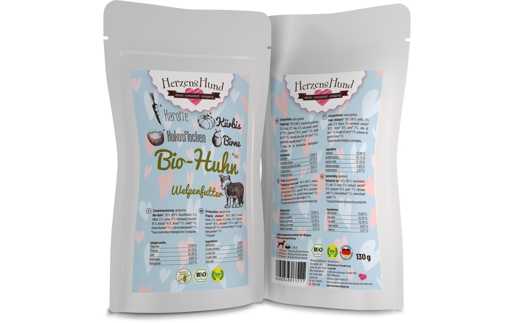 HerzensHund Alimentation humide Chiot Poulet bio avec carotte bio, 130 g